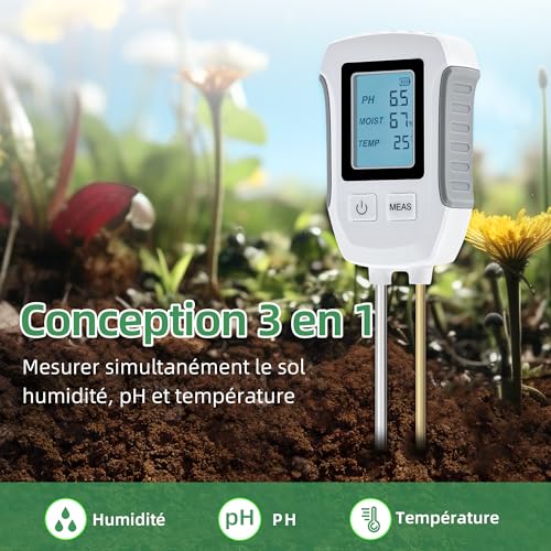 Mcbazel Testeur de Sol ph 3 en 1, Détecteur de Test de Sol Acide-Base, Mesure de Température et d'Humidité avec Affichage LCD Rétroéclairé Compatible avec Le Jardinage/Plantes en Pot/Ferme – Image 3