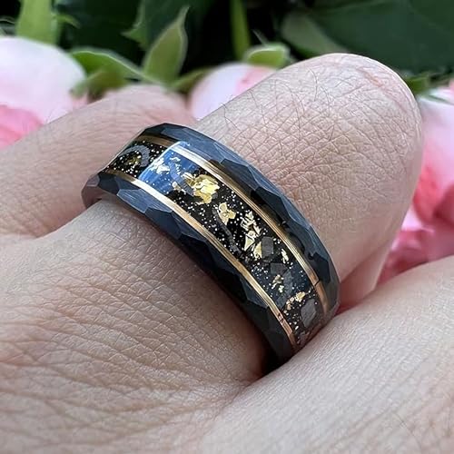 Custom Engraved Tungsten Carbide Hammered 8mm Black Plated Wedding Band with Gold Foil Flecks Inlay Ring3