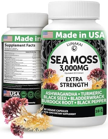 Lunakai USA Made Irish Sea Moss Capsules with Black Seed Oil, Ash...