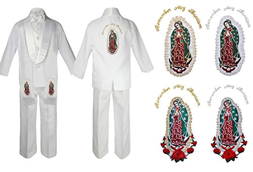 Unotux Kids Boy Christening Baptism Formal White Shawl Lapel Suit Guadalupe Maria Sm-7 (5, Add Silver English Pattern)