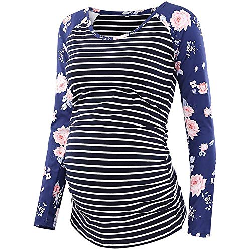 Preisvergleich Produktbild Damen Stillshirt Umstandsmode Schwanger T-Shirt Maternity Shirt Umstandsshirt Stilltop Langarmshirt Mama Schwanger Pflege Baby Mutterschaft Streifen Blumen Tops Shirt (Blau,M)