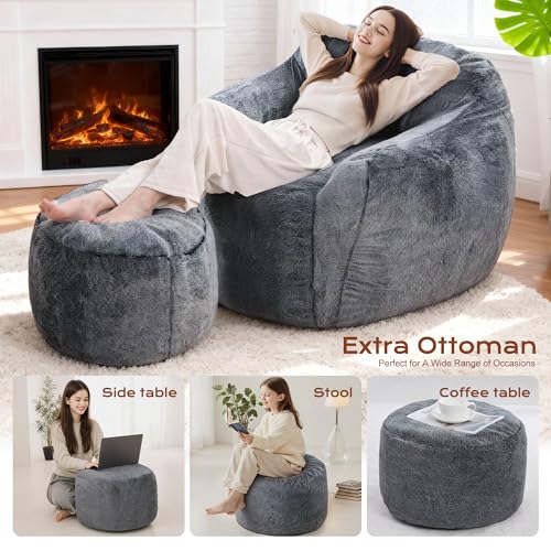Image of Homguava Giant Bean Bag Chairs for Adults,Large Bean Bag Couch with Ottoman | Big Beanbag Chair with Memory Foam Filled,Oversized Bean Bag Sofa,Faux Fur Floor Sofa Chair for Bedroom Living Room-Grey