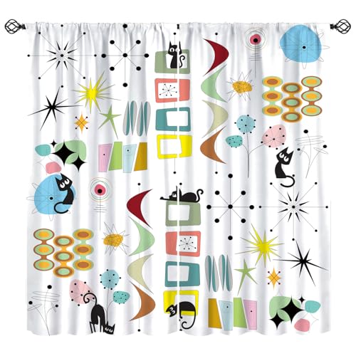 Mid Century Curtain Modern Abstract Atomic Starbursts Naughty Lovely Cat 1950s Retro Abstract Geometric Inspired Black Grey for Kids Bedroom Kitchen Decor Blackout Window Drapes 42