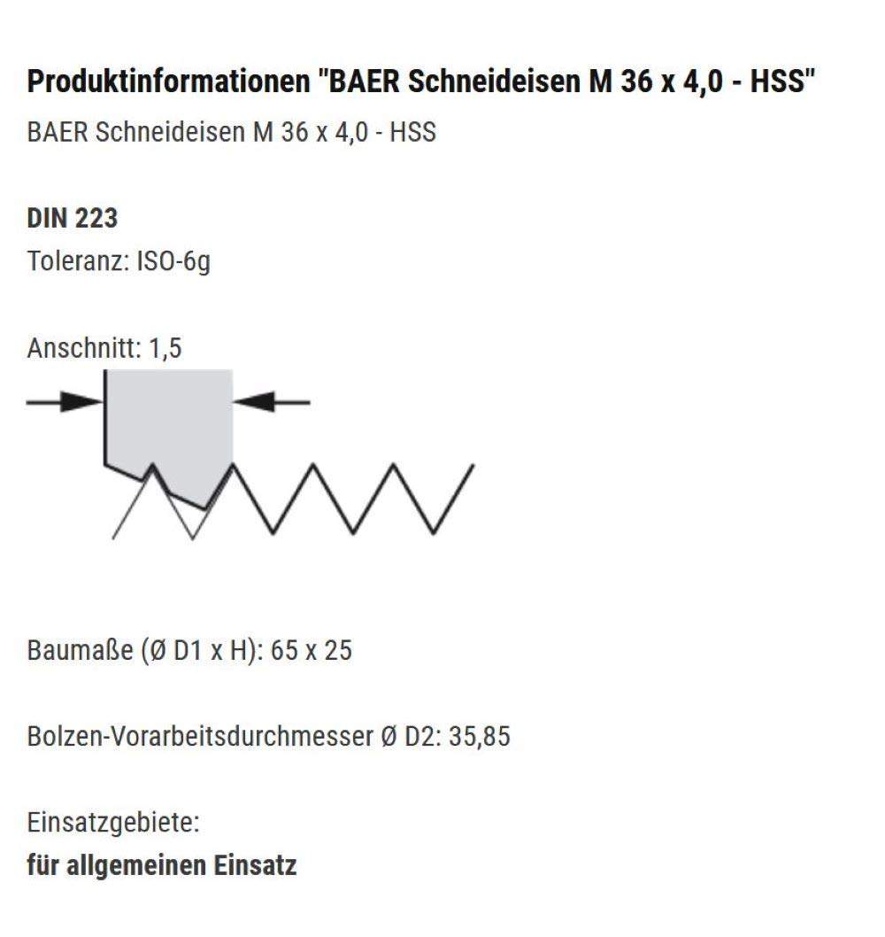 BAER Gewindeschneider M36 HSS Schneideisen - M 36 x 4,0 - Gewindeschneideisen metrisch Regelgewinde - Außengewinde Schneider aus hochlegiertem Werkzeugstahl - metrisches Außengewindeschneideisen