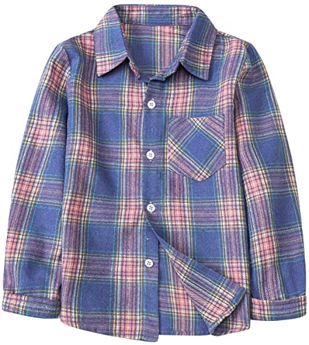 Betusline Girls' Flannel Plaid Shirt Button Down Long Sleeved Shirts