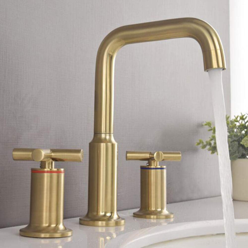 Grifo Lavabo 3 Orificios Oro Cepillado Latón Caliente y Frío Tipo Dividido Grifo Baño Lavabo