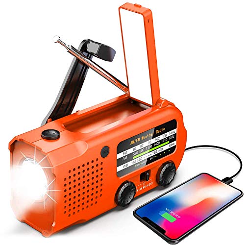 Notfall-Radio, 5000 mAh Handkurbel, Solar-Wetter-Radio, NOAA/AM/FM tragbares Radio mit LED-Taschenlampe und 14 Lampen, Leselampe, USB-Handy-Ladegerät, SOS-Alarm für Zuhause, Camping oder Überleben Cover
