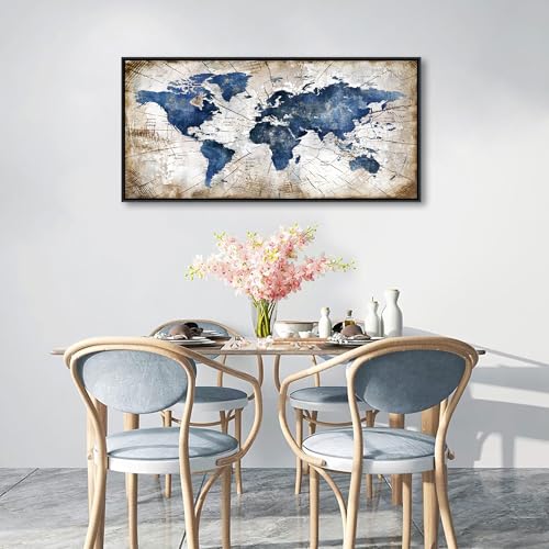 Image of World Map Canvas Wall Art Navy World Maps for Wall Vintage Modern Wall Art for Office Framed Pictures for Living Room Bedroom Wall Decoration for Home Office Decor Artwork for Walls 20x40IN