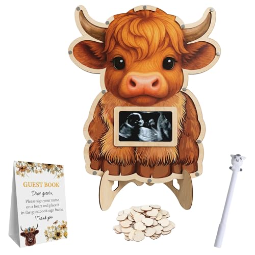 Threelf Highland Cow Baby Shower Decorations Holy Cow Baby Shower Guest Book Alternatives with Pen Photo Frame and 60 Heart Wood Slices for 60 Guests Gender Reveal Decorations