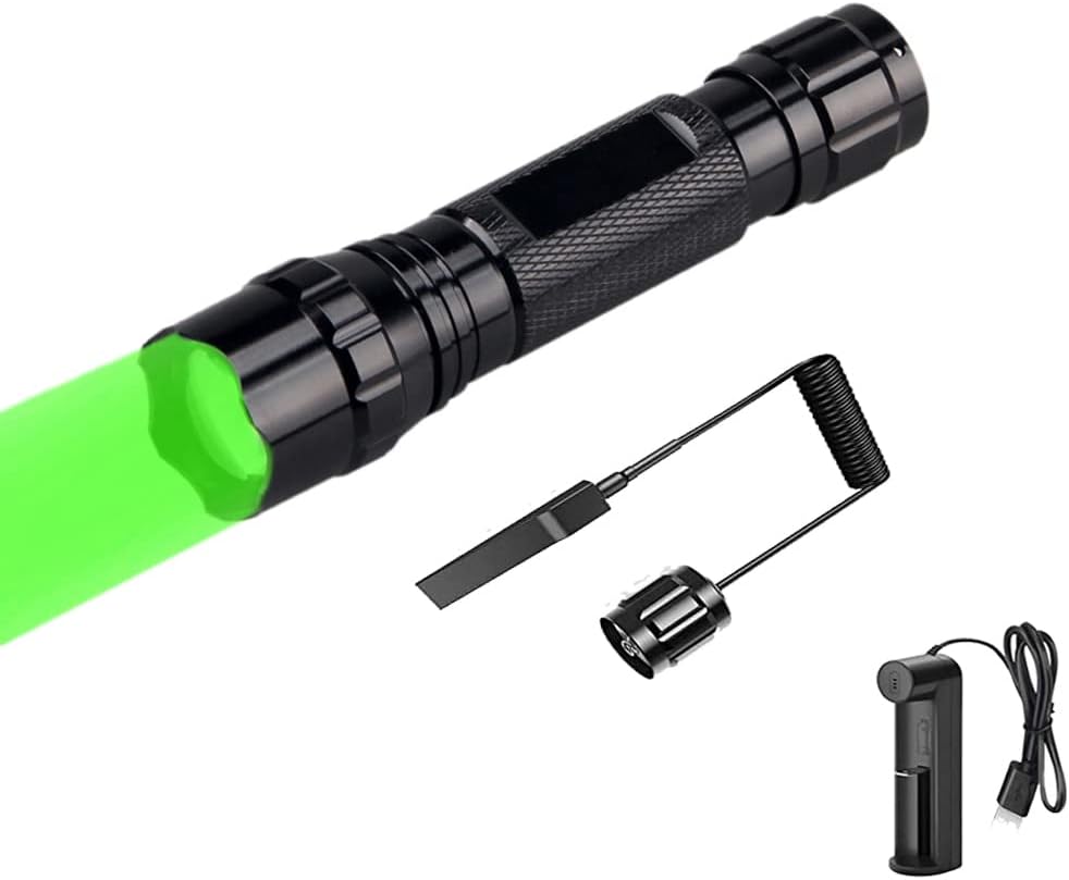 Green Light Flashlight, Ultra Bright Tactical Hunting Torch Focus Adjustable 1 Mode Waterproof Hunting Light with Pressure Switch and Battery Charger for Coyote Predator Varmint Hunting