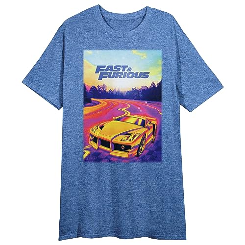 Bioworld The Fast & The Furious Yellow Sports Car Crew Neck Short Sleeve Blue Heather Women's Night Shirt-Small