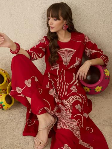 Image of INDO ERA Women's Straight Viscose Rayon Ethnic Motifs Printed Kurta & Palazzo Set (IESTR10489)