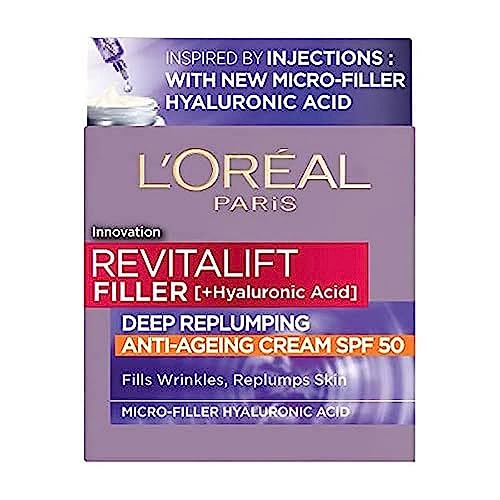 L'Oréal Paris, Anti-Wrinkle Day Cream with SPF50, Moisturises and Fills the Skin, Revitalift Filler + Hyaluronic Acid 50 ml