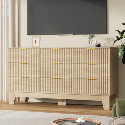 Image of Garvee 9 Drawer Dresser for Bedroom, 59 inch Wide Fluted Chest of Drawers with Metal Handle, Modern Wooden Dresser TV Stand, Clothes Storage Organizer Wood Closet for Hallway, Entryway, Natural Oak