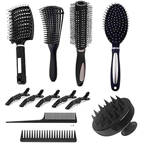 Wocloer 12 Pieces Hair Brush Set for women, Curved Vent Brush, wet pro detangle Round Blow Drying Hairbrush, Tail Comb & Clips Faster and Easier or Dry with No Pain Cover