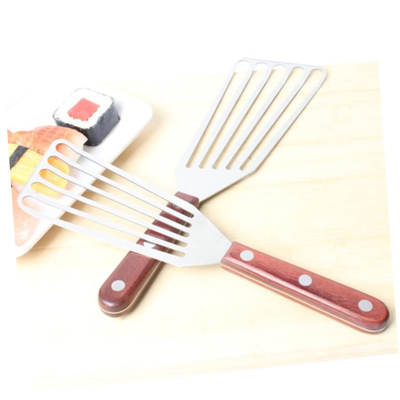 Amosfun 2 Pz Spatola per Bistecca Girapesce a Fessura Tornitore a Fessura Pala Fritta Spatole Scanalate Spatola con Manico in Legno di Legno