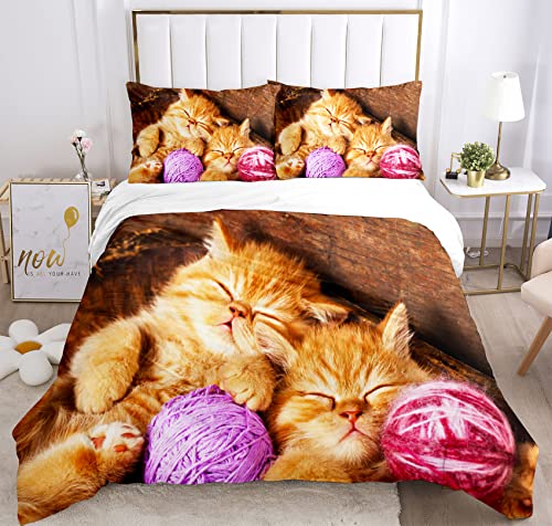 Juego de Ropa de Cama para Gato con impresión en 3D, Juego de Funda para Edredón con Cremallera, Microfibra Suave Funda Nordica con 2 Fundas de Almohada 50 x 75 cm (135x200cm, Gato 2)