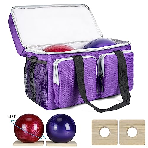 Bowling Bag For 2 Balls, Bowling Ball Tote Bag With 2 Wooden Bowling Cups, Multi-Pockets Bowling Ball Bag Fits Bowling Shoes Up To Mens Size 14, Bowling Ball Bag With Shoulder Strap & Divider (Purple) #TOP2