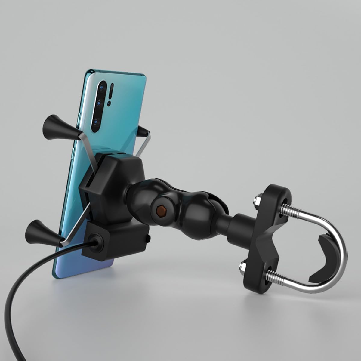 Motorcycle Phone Mount with USB Charger, X-Shaped Anti-Shake Phone Holder for Electric Bike Navigation and Quick Charging on Handlebar