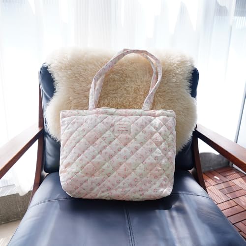 Image of Floral Quilted Cotton Shoulder Bag for Women Daily Use Medium Size Handbag Large Capacity Thickened Design Tote
