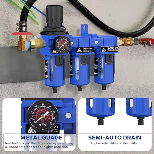 ATINY 1/2" NPT Air Compresssor Water Separator, 3 Stage Air Dryer System Air Compressor Filter Dryer,5 &0.5 &0.01 Micron Filter Cartridge,Semi-Auto Drain, Metal Bracket-Blue by ATINY - Used condition - Image 4