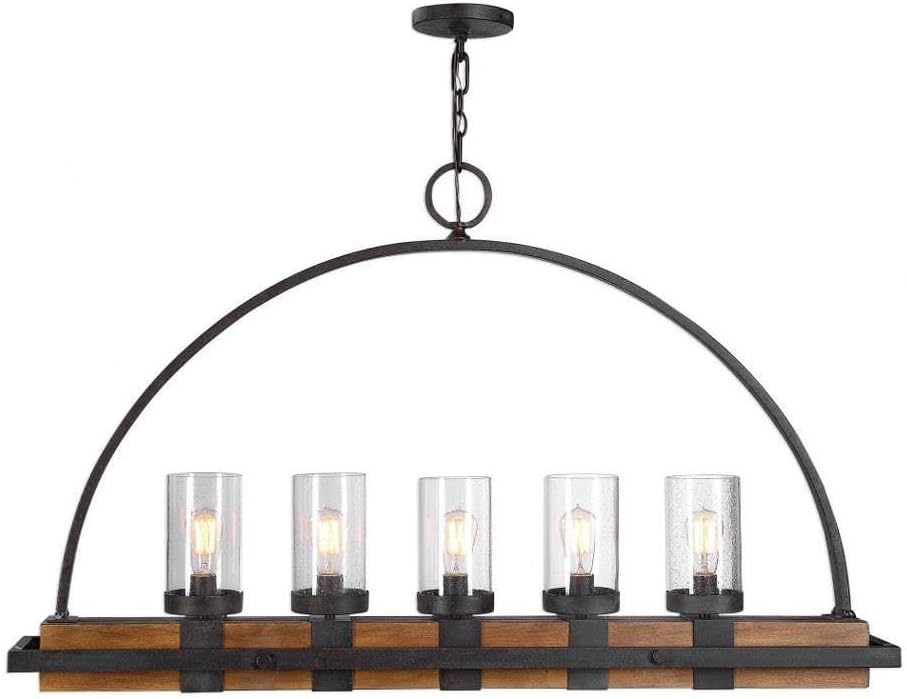 Atwood-Linear Chandelier 5 Light Rubber Wood/Glass/Steel - 51 inches Wide by 7.75 inches deep