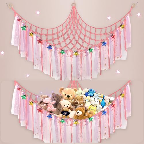JOAASU Spielzeug Aufbewahrung Kuscheltier, Kuscheltier Aufbewahrung Netz, Hängend Spielzeug Organizer, mit LED-Leuchten, zur Aufbewahrung von Plüschtieren for Kids Bedroom Nursery, Rosa