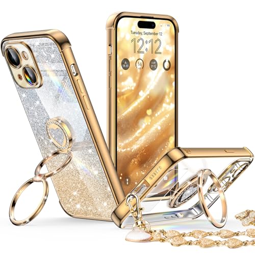 Coque iPhone 15 avec support double anneau rotatif et design pailleté doré chic