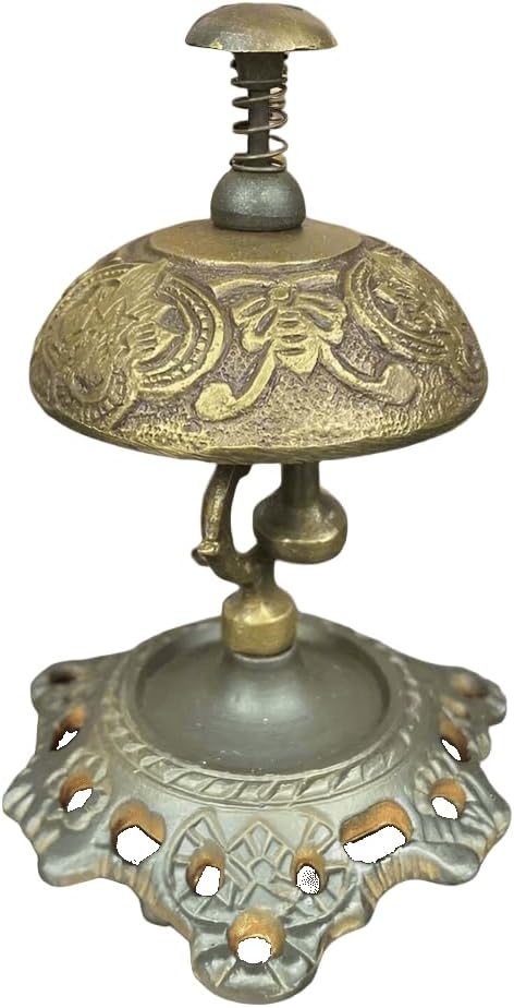 Hotel Desk Bell On Stand Solid Brass with Butterfly Engraving and Antique Finish (5" x 3.5")