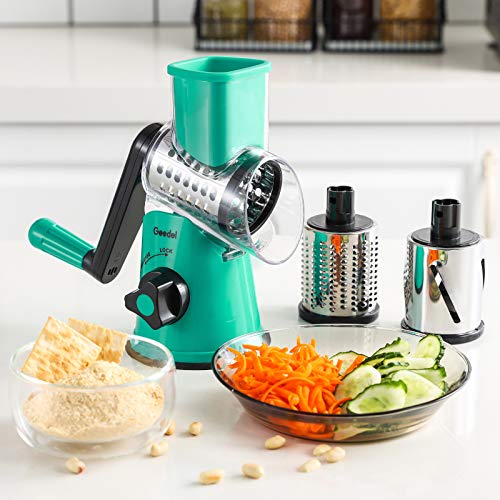 Geedel Rotary Cheese Grater, Kitchen Mandoline Vegetable Slicer with 3 Interchangeable Blades, Easy to Clean Rotary Grater Slicer for Fruit, Vegetables, Nuts