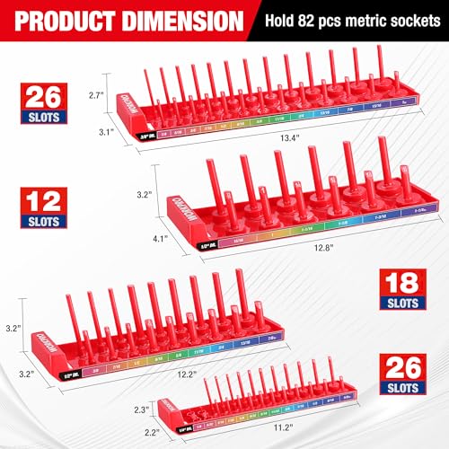 Image of WORKPRO Socket Organizer Set, 4PC 1 /4 inch 3 /8 inch 1 /2 inch Drive SAE Socket Holder | Fits Impact Sockets, Holds 82 Pieces Sockets, Large Capacity, Clear Size Identification, Socket not Included