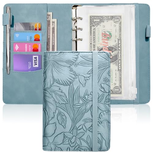 Image of A6 Budget Binder for Money Saving, Budget Planner, Money Organizer for Cash | with 8 Cash Envelopes, Budget Sheets & Rose Gold Category Stickers, PU Leather, Blue Embossed Floral