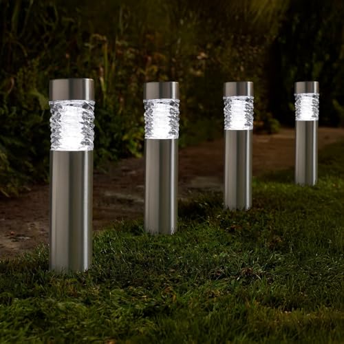 Garden Mile 4pc Stella Bollard Solar Outdoor Lights Stainless Steel Garden Solar Lights Outdoor Waterproof Ideal for Driveway Pathway Lighting Flowerbeds Patio Lawn Heavy Duty Outdoor Garden Lighting
