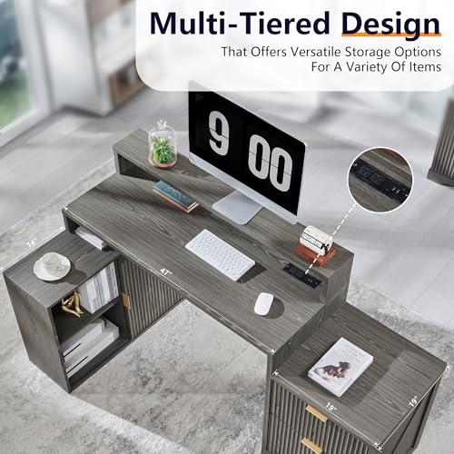 Image of 67 inchModern Desk with Cabinet & 2 Drawers, Fluted Office Desk Built‑in Outlet | L Shaped Desk ,storage cabinet with sliding doors, Wood Home Office Desk, Fluted Computer Writing Desk, Grayish Green
