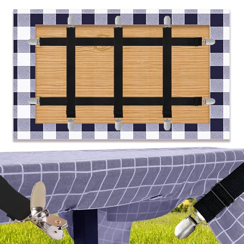 OPPKEPT Porta tovaglia per tavole spesse, 5 pezzi cinghie nascoste regolabili elasticità, clip per tovaglia da giardino, ristorante, tavolo da pranzo per famiglia all'aperto