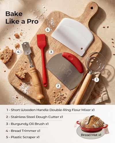 Image of 5QT Enameled Cast Iron Sourdough Bread Oven & Starter Kit, Red | Tight-fitting Dome Lid Helps Retain Steam, Baking Kit Supports Proofing, Scoring & Dough Transfer, Complete Artisan Bread Set