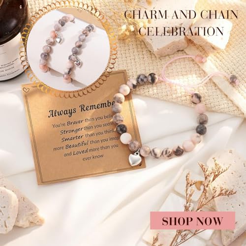 Natural Stone Healing Crystal Bracelets, Adjustable Stretch Pink Zebra Bracelet Crystal Jewelry Yoga Meditation Relax Gifts Friendship Birthday BFF for Women Teen Girls with Encourage Quote Card - Image 6