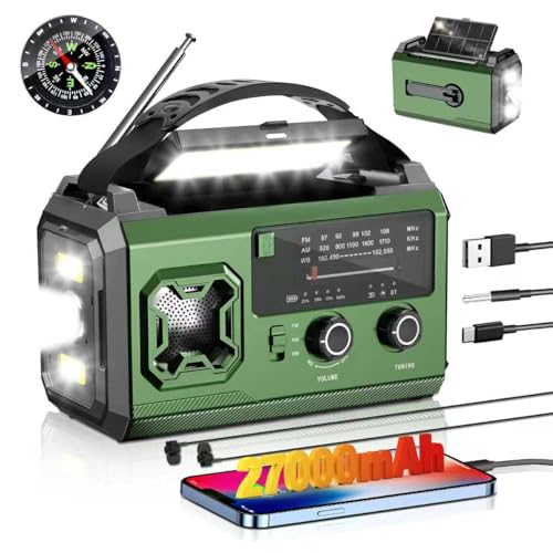 27000 mAh Radio Manovella,AM/FMPortatile RadioSolare di Emergenza con Bluetooth/Luce diLettura/Torcia/Bussola/Allarme SOS/Power Bank, Batteriaricaricabile per Campeggio,Viaggi