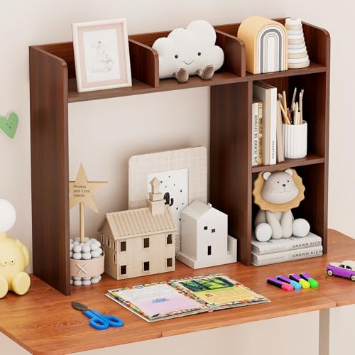 Image of Tangkula Desktop Bookshelf, Countertop Storage Hutch with Shelves for Computer Desk, Desk 3-Tier Display Rack, Multipurpose Wood Desktop Hutch Storage Organizer for Dorm Office (Walnut)