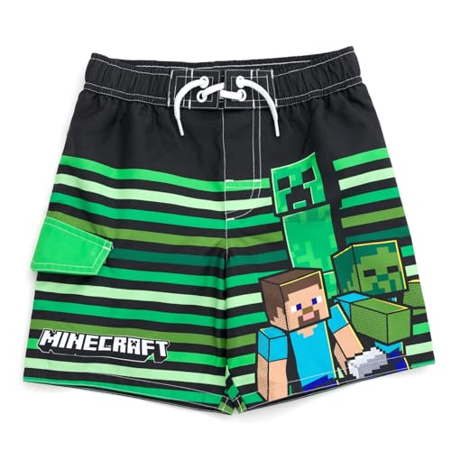 Minecraft Little Boys UPF 50+ Swim Trunks Bathing Suit Green/Black 7-8