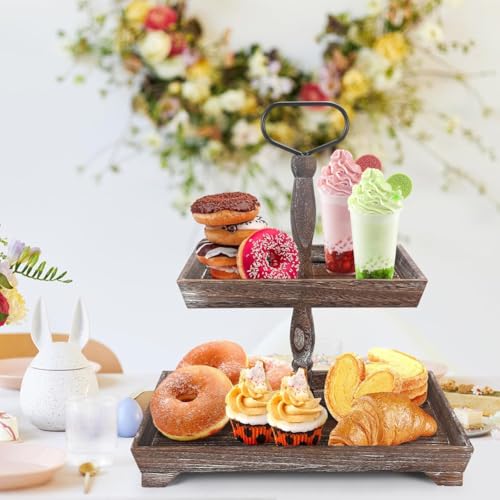 Présentoir à desserts à double couche en bois brûlé pour buffet chic - 4