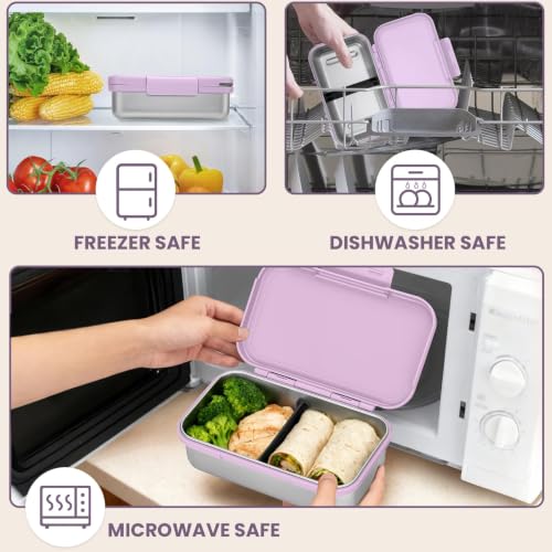 Image of JSLOVE Stainless Steel Lunch Bento Box for Adult, 30oz Leak-Proof Lunch Container, Stainless Metal Kid Bento Box with Adjustable Divider, Sauce Container, Microwave, Dishwasher & Freezer Safe(Purple)
