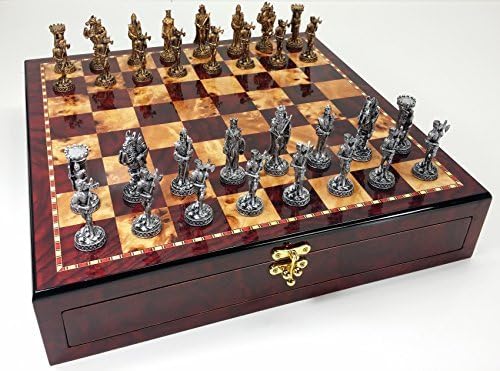 HPL Medieval Times Crusades Knight - Juego de ajedrez de metal con tablero de almacenamiento de color cereza brillante de 17 pulgadas