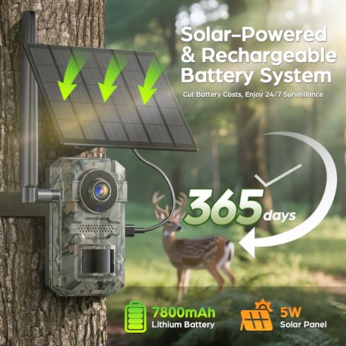 4G LTE Cellular Trail Camera - 2K HD Live Streaming with Built-in SIM Card, 0.2s Motion Activated Solar Game Camera with Night Vision IP66 Waterproof for Wildlife Monitoring Off-Grid