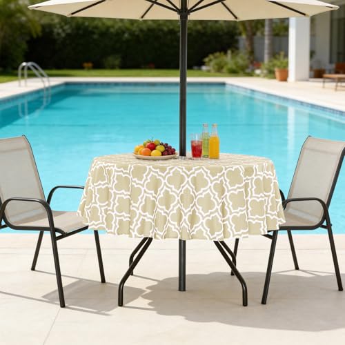 Image of Poise3EHome 60 inches Outdoor /Indoor Waterproof Spillproof Round Tablecloth with Umbrella Hole for Camping, Picnic, Christmas Tree Skirt, BBQ, Khaki