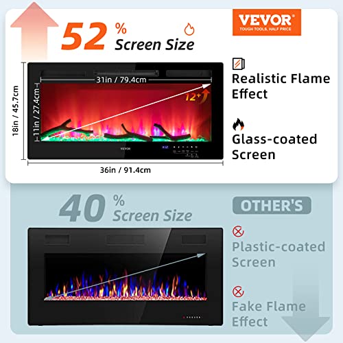 Vevor Electric Fireplace, 36-Inch Wall Mounted And Recessed Fireplace, Fit For 2 X 4 And 2 X 6 Stud, Adjustable Flame Colors And Speed With Remote Control & Timer, 1500 W, Black #TOP4