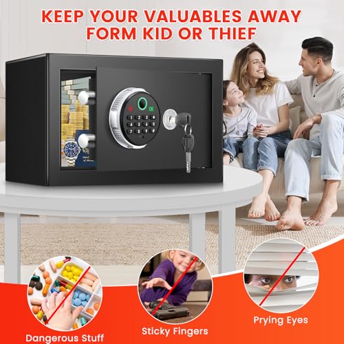 Small Smart Biometric Safe Box for Home, Mini Home Safes with Anti-Theft Dual Alerts, Mute Mode, Digital Security Money Safe for Cash, Jewelry, Business(6.5"D x 7"W x 6.5"H without Shelf) thumbnail 9