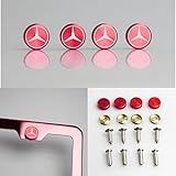 Set of 4 Fit Mercedes Benz Logo Laser Engraved Red Aluminum Metal Cap Stainless Steel Screw for Car License Plate Frame