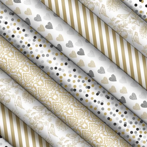 PAW - Papier Cadeau 200x70cm - 5 rouleaux | Mélange de 5 motifs | Emballage Cadeau élégant pour anniversaires, mariages, baby showers, fêtes et cadeaux - Motifs noirs et dorés – vue 4