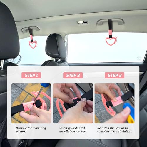 Image of 2 Pcs Devil Heart Shaped Car Handle Strap - JD M Drift Charm Rear Bumper Warning Ring Decor for Car Interior Exterior, Subway Bus Handle Accessory, Cute Heart Car Decor Gift (Pink-Tail)